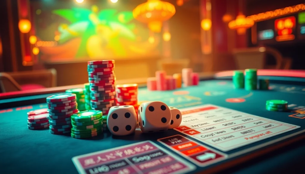 Experience the thrill of tài xỉu Sunwin with vibrant dice and colorful chips on an immersive online table.